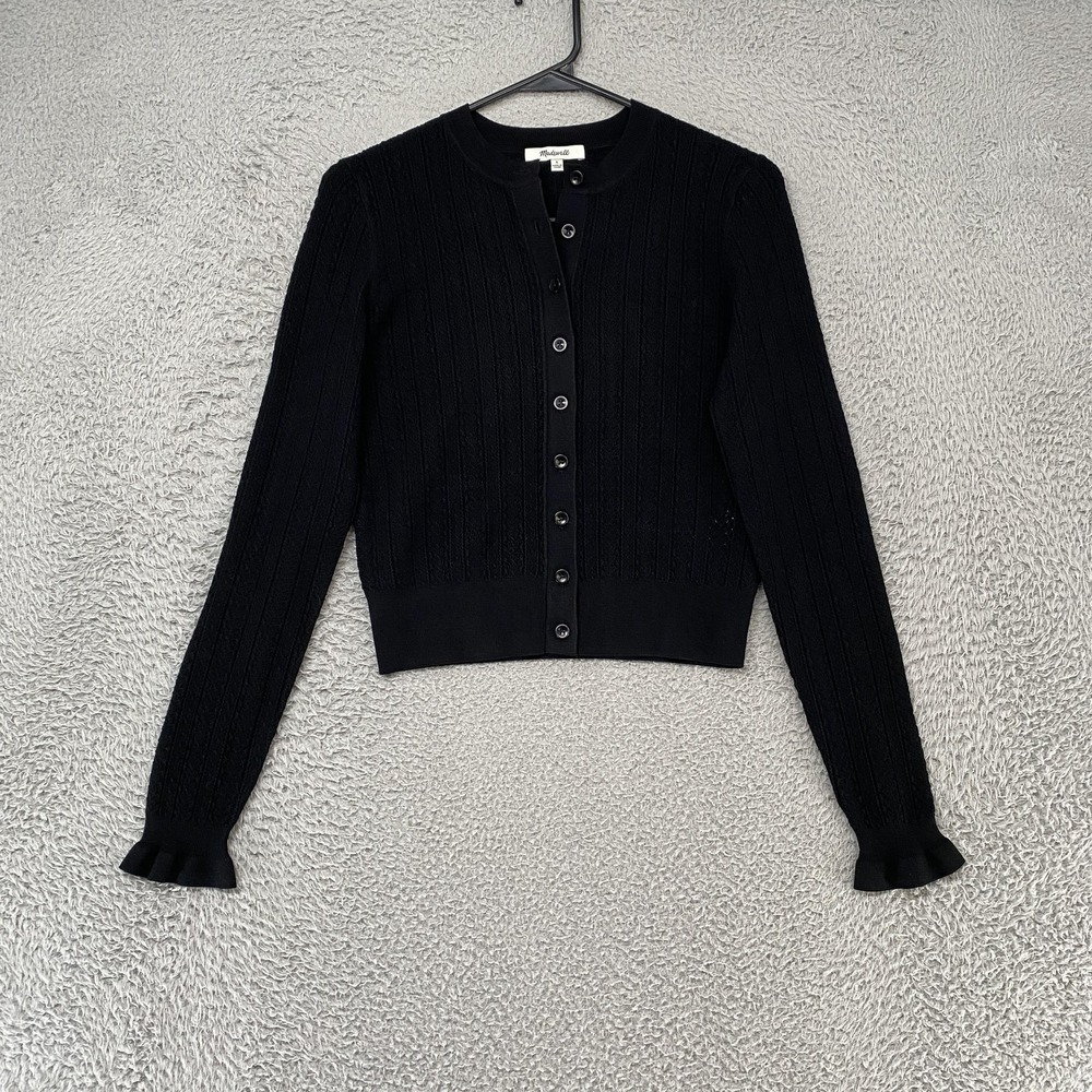 Madewell Cardigan Sweater Womens Small Black Slim Ruffle Cuff Button Front Knit